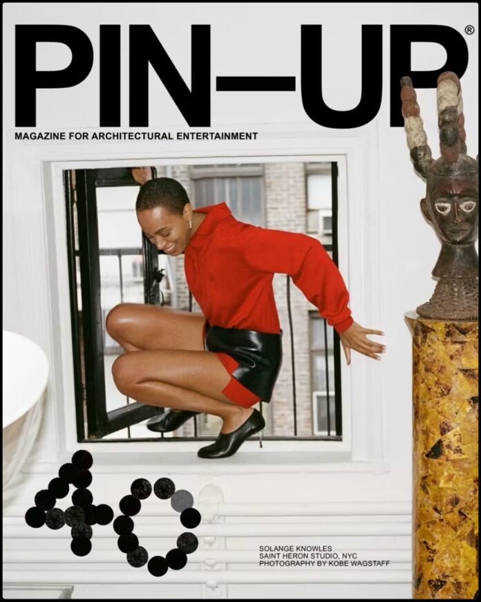 Solange Knowles Pin-Up Magazine May 2026 Cover Saint Heron Solange Knowles posing in a structured avant-garde garment inside the Saint Heron studio for an editorial feature.
