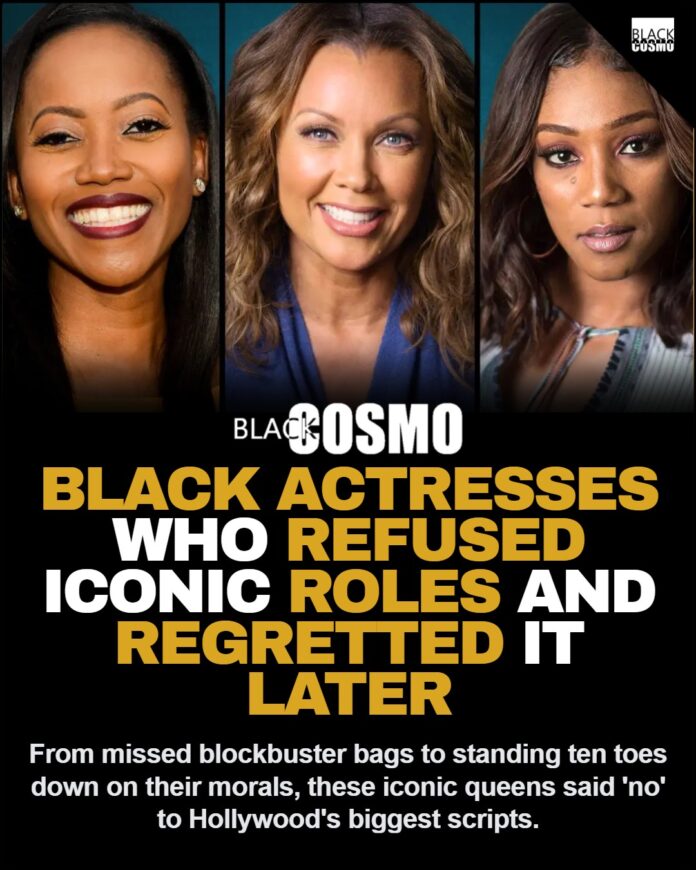 A stylistic retro-modern graphic highlighting legendary Black actresses who turned down famous Hollywood film roles.
