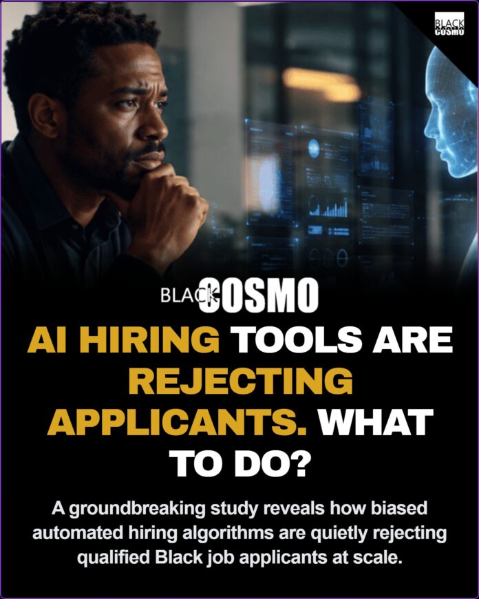 AI Bias in Hiring Blocks Black Applicants An abstract representation of a diverse job candidate's resume being scanned by a digital glowing lock, symbolizing AI gatekeeping.