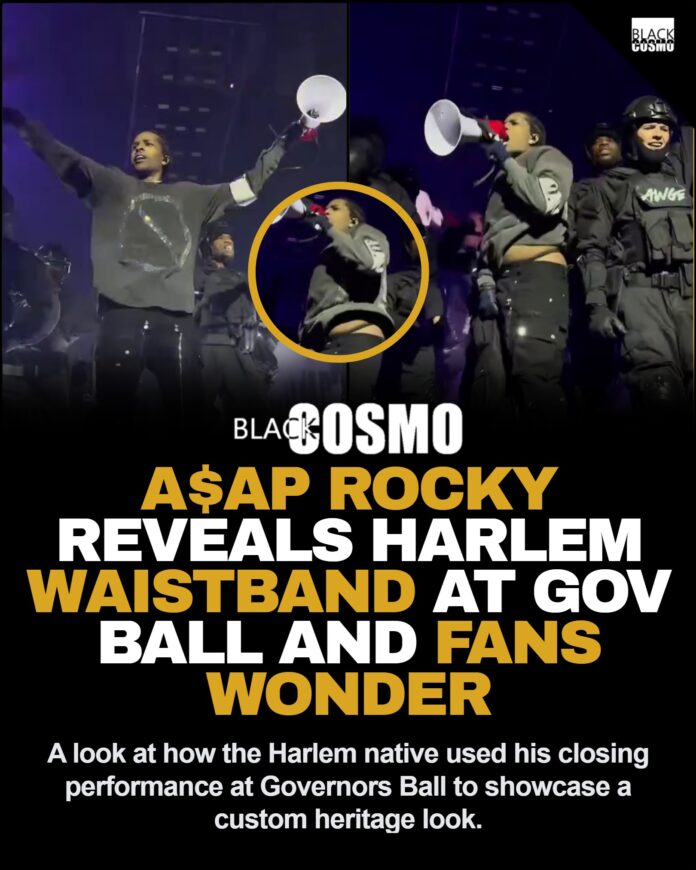 A$AP Rocky Waistband at Governors Ball 2026 Style Dissection A$AP Rocky performing on stage at Governors Ball 2026 with a custom Harlem waistband visible above his sagging jeans.