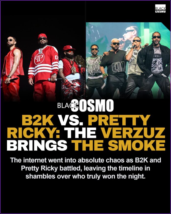 B2K vs. Pretty Ricky Verzuz Battle Recap A split image showing members of B2K and Pretty Ricky performing during their highly anticipated Verzuz battle.
