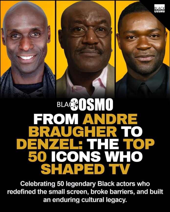 50 Best Black Actors in TV History A collage highlighting iconic Black television actors including Andre Braugher, Denzel Washington, and Michael Kenneth Williams.