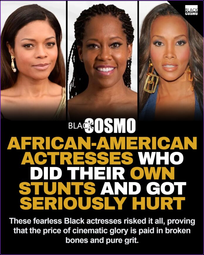 Black Actresses Who Were Injured Doing Stunts Collage of bold African-American actresses showcasing dynamic, intense action roles and stunt choreography.