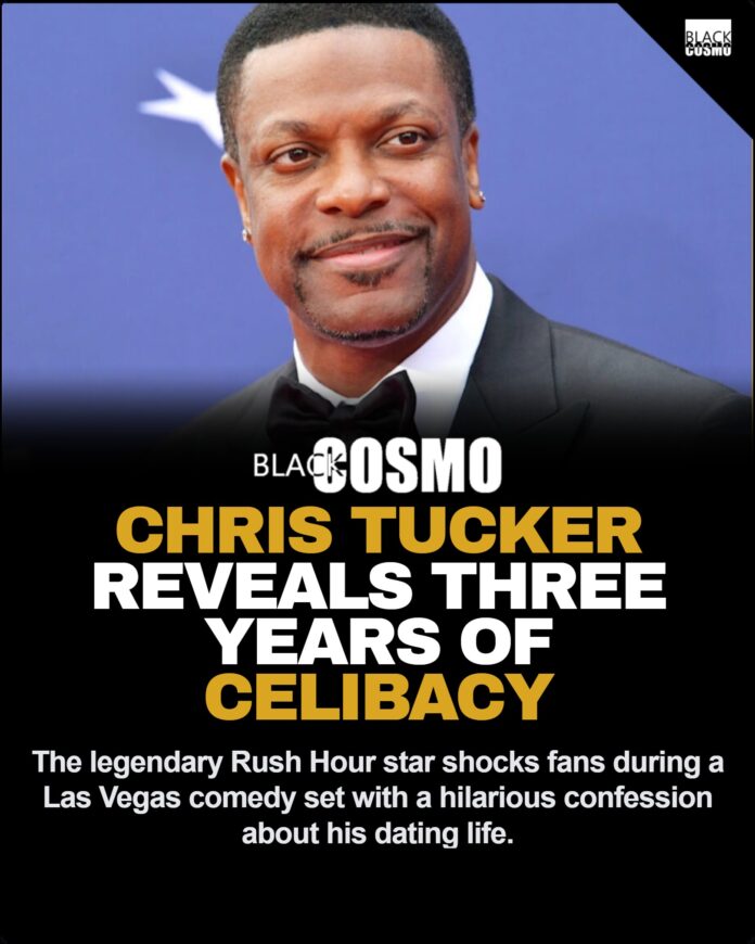 Chris Tucker Reveals 3 Years Of Celibacy Chris Tucker smiling on stage during a stand-up performance