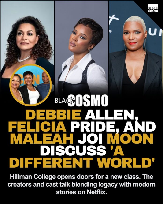 Debbie Allen and Felicia Pride Bring A Different World to Netflix Debbie Allen, Felicia Pride, and Maleah Joi Moon sitting together during an interview discussing the Netflix series A Different World.