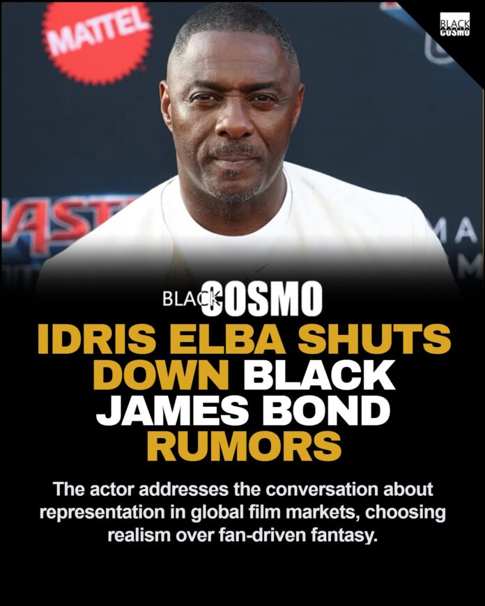 Idris Elba Says Black James Bond Rumors Were Never Realistic Idris Elba wearing a tailored suit, looking sharp and professional.