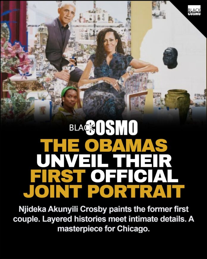 Inside the Obamas First Joint Portrait by Njideka Akunyili Crosby A high-quality representation of the first official joint portrait of Barack and Michelle Obama by Njideka Akunyili Crosby.