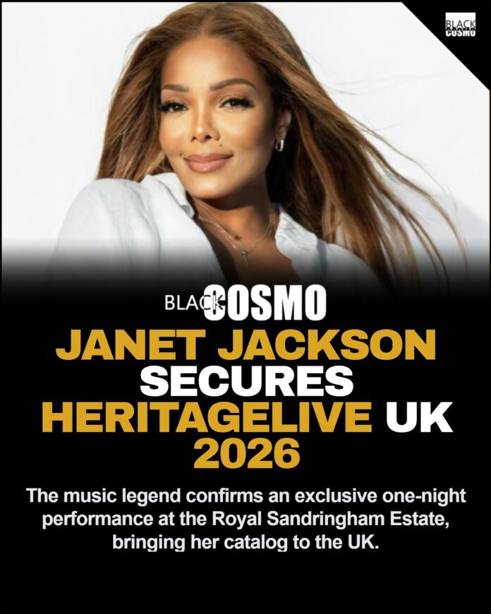 Janet Jackson HeritageLive 2026: Sandringham Estate Concert Details Janet Jackson performing live on stage in a custom concert outfit