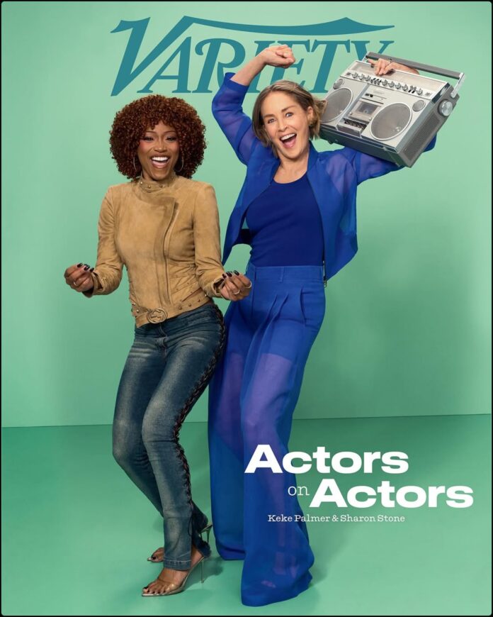 Keke Palmer and Sharon Stone Variety June 2026 Interview Keke Palmer and Sharon Stone sitting together in a beautifully styled studio portrait for Variety's Actors on Actors.