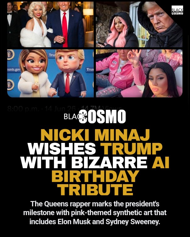 Nicki Minaj Wishes Donald Trump Happy Birthday with AI Art Stylized aesthetic portrait of Nicki Minaj in a pink-themed setting.