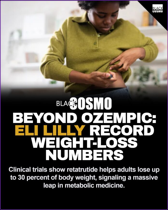 BEYOND OZEMPIC: ELI LILLY RETATRUTIDE WEIGHT LOSS TRIALS A scientific diagram of a triple-hormone receptor agonist molecule next to an injection pen, symbolizing next-generation metabolic health treatments.