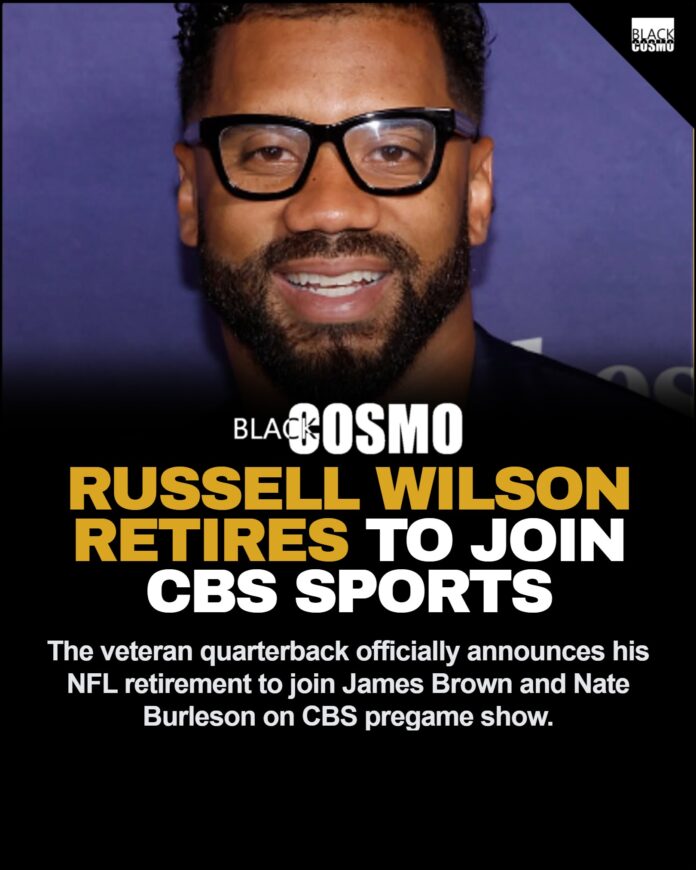 Russell Wilson Retires From NFL, Joins CBS Sports Analyst Desk Russell Wilson on the football field celebrating a victory.