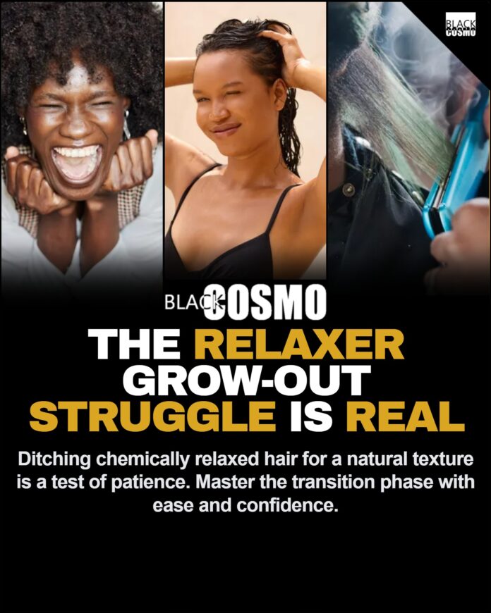 How to Survive the Relaxer Grow-Out Struggle: 4 Expert Tips A close-up shot of beautiful textured hair transitioning from straight ends to curly roots.