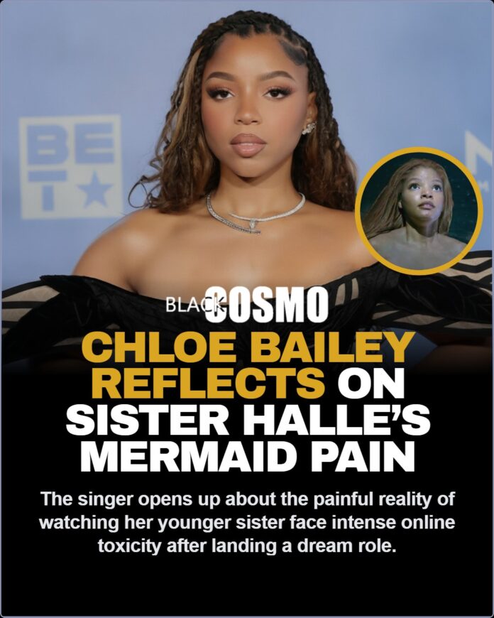 Chloe Bailey on Sister Halle Bailey Little Mermaid Backlash Chloe Bailey and Halle Bailey attending a red carpet event together, smiling warmly.