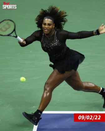 Serena Williams captured in a sports setting making her return announcement.