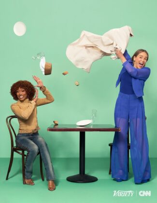 Keke Palmer and Sharon Stone sitting together in a beautifully styled studio portrait for Variety's Actors on Actors.