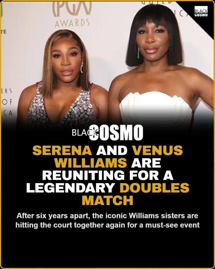 Serena and Venus Williams Reunite for Doubles Match Serena Williams and Venus Williams standing on a tennis court together, smiling and holding tennis rackets