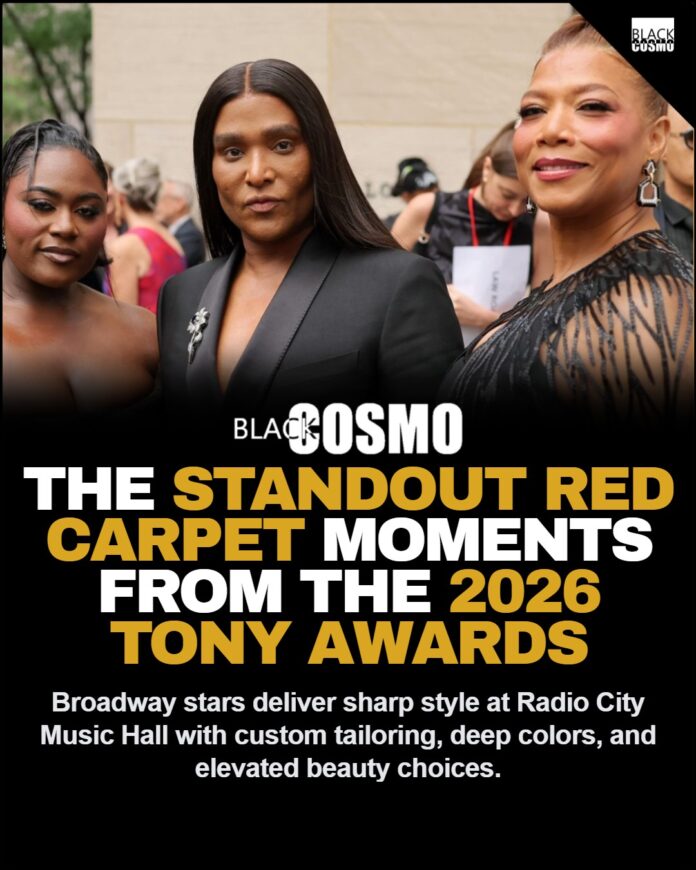 2026 Tony Awards: Best Red Carpet Moments & Fashion Queen Latifah walking the red carpet at the 79th Annual Tony Awards at Radio City Music Hall, wearing a sophisticated black gown with peacock-feather detailing.