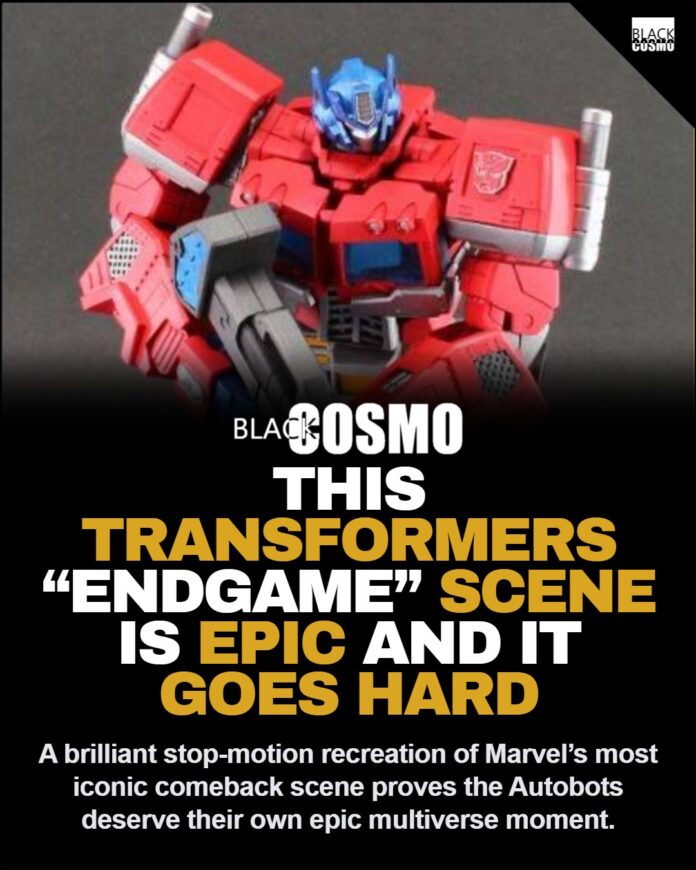 Transformers x Avengers Endgame Stop Motion Portal Scene Breakdown A high-quality fan-made stop-motion scene featuring Optimus Prime and Captain America standing together in a cinematic portal gateway.