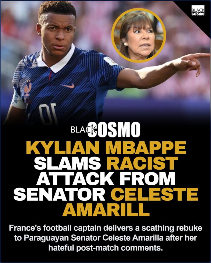 Kylian Mbappé Responds to Racist Remarks by Paraguayan Senator French football captain Kylian Mbappé smiling on the pitch in his national team uniform.
