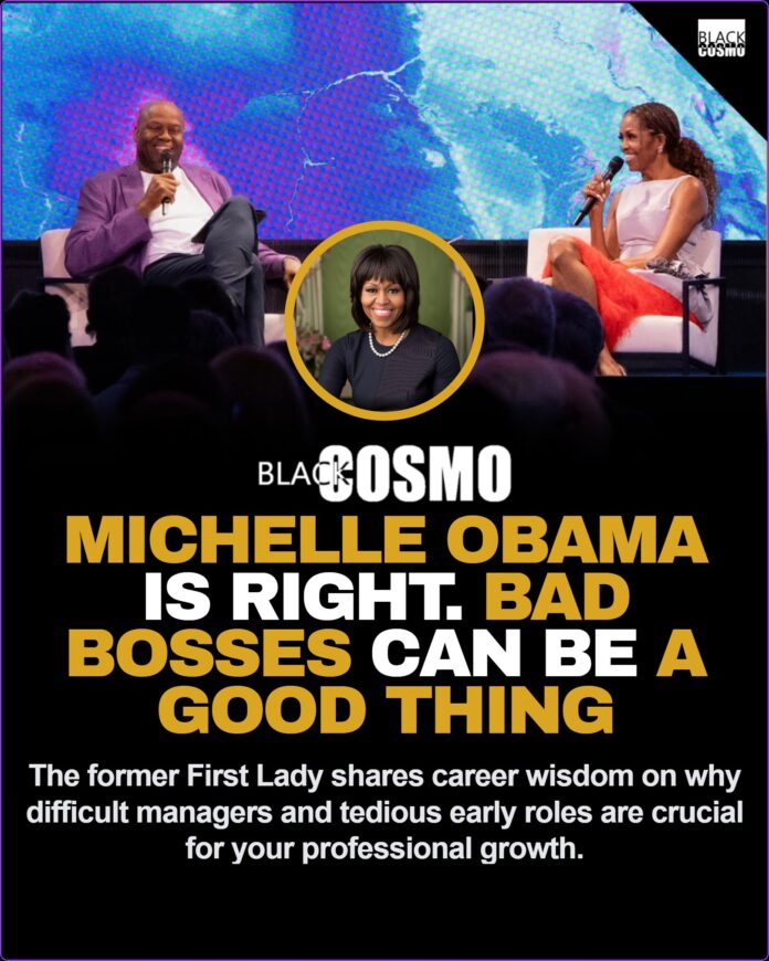 Michelle Obama On Bad Bosses And Career Resilience Official portrait of former First Lady Michelle Obama smiling in a blue textured dress against a Green Room background.