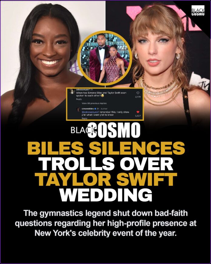 Simone Biles Responds to Taylor Swift Wedding Trolls Olympic gymnast Simone Biles and her husband Jonathan Owens posing together in elegant formal wear.