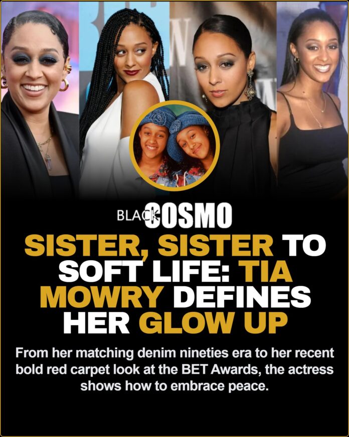Tia Mowry’s Style Evolution: Sister, Sister to Soft Life Queen Tia Mowry posing in an elegant dress, showcasing her sophisticated style.