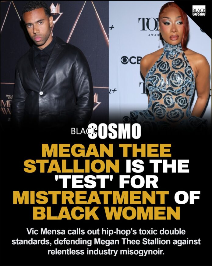 Vic Mensa Defends Megan Thee Stallion Vic Mensa and Megan Thee Stallion side-by-side graphic highlighting industry double standards