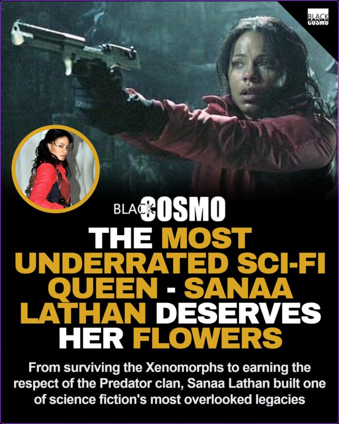Why Isn’t Sanaa Lathan Mentioned Alongside Sigourney Weaver and Jamie Lee Curtis? A high-quality representation of actress Sanaa Lathan smiling at a prominent media event.