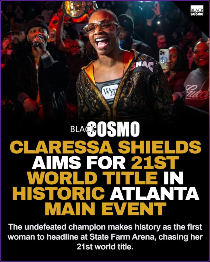 Claressa Shields Historic Atlanta Main Event Claressa Shields posing confidently ahead of her history-making main event boxing match in Atlanta.