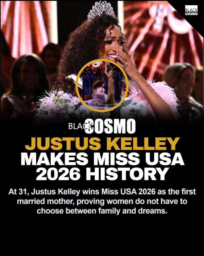 Miss USA 2026 Justus Kelley Wins Historic Crown Justus Kelley smiling as she is crowned Miss USA 2026 onstage at the Adrienne Arsht Center in Miami.
