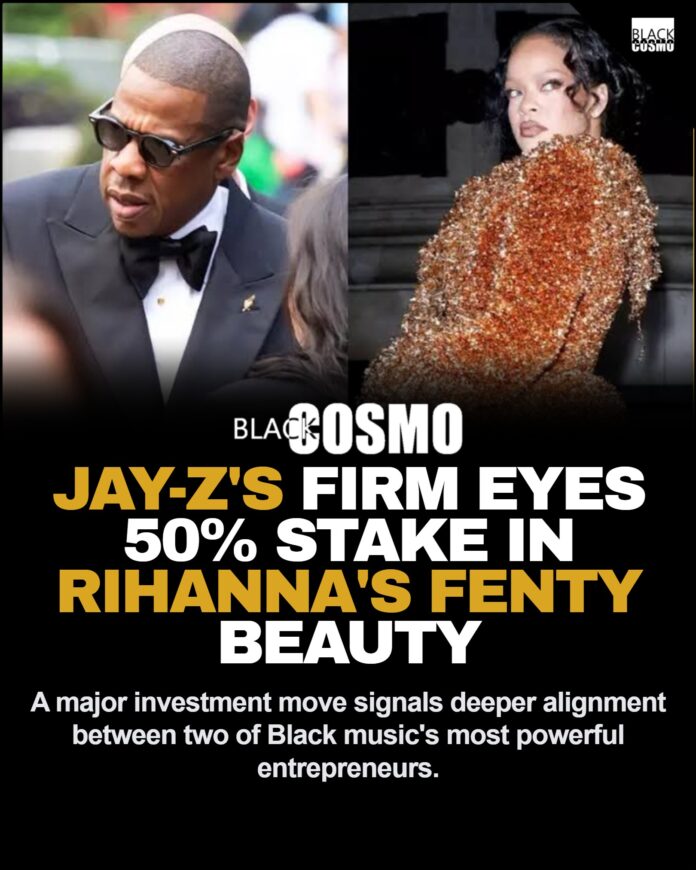 Jay-Z Investment Firm 50 Percent Stake Rihanna Fenty Beauty Deal 2026 Jay-Z and Rihanna, two of Black music's most powerful entrepreneurs, photographed separately in professional settings representing their business empires and strategic vision.